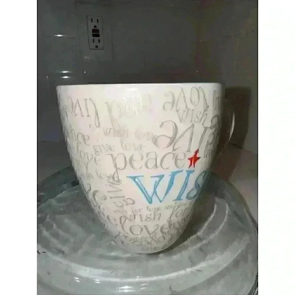 Starbucks Mug Wish Live Love Peace 2005 White Gray Grey Writing Blue Inside